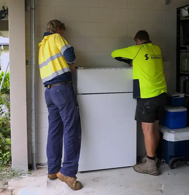 Two Replenishable Energy installers positioning a home battery against a garage wall during installation